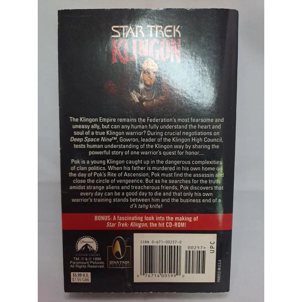 Star Trek: Klingon/ Pocket Books/1996/Novelization Of The CD-ROM Game/Good Cond.